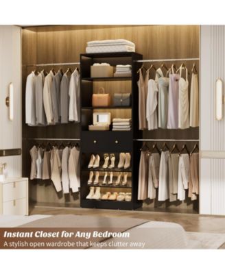 Wood Closet Organizer System with Drawer and 4 Hanging Rods, Heavy Duty Walk-in Closet