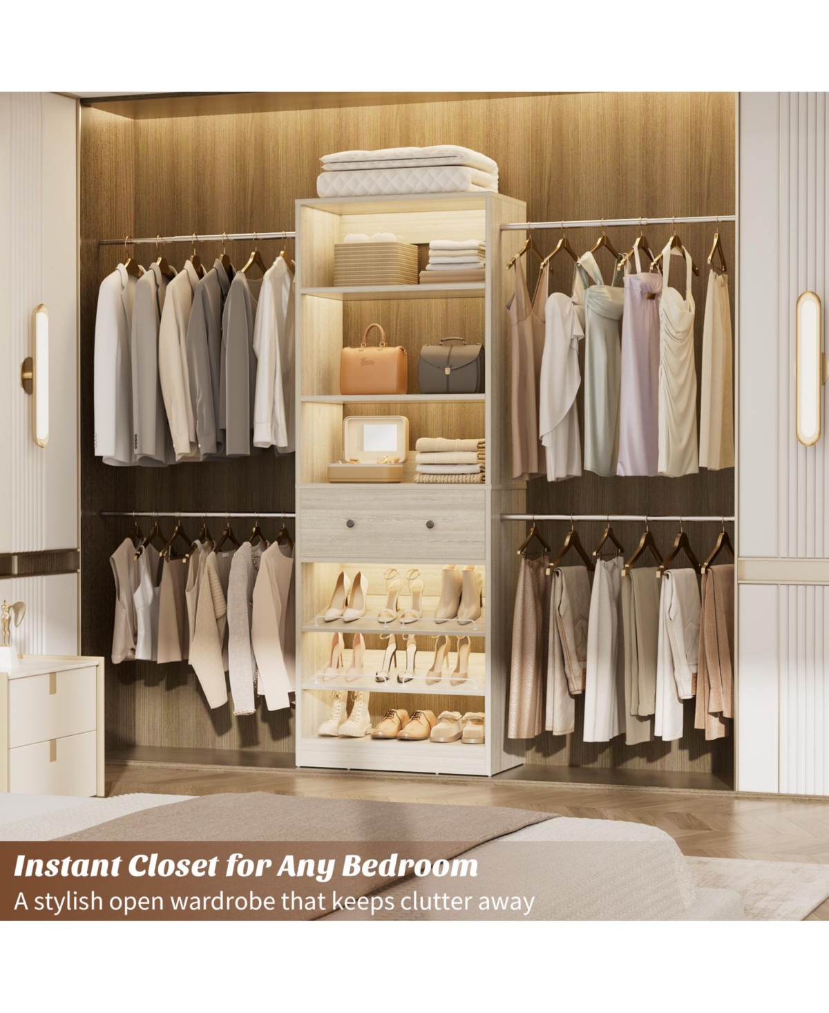 Aheaplus Wood Closet Organizer System with Drawer and 4 Hanging Rods, Heavy Duty Walk-in