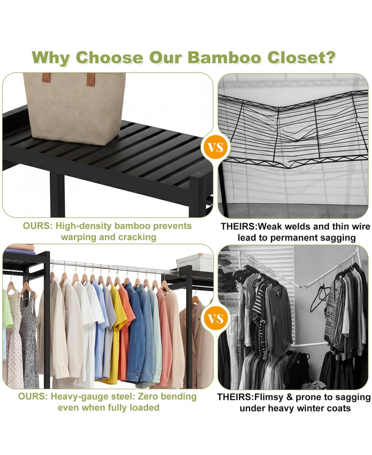 Aheaplus Bamboo Closet System with 5 Hanger Rods and Shelves, Expandable Clothing Rack