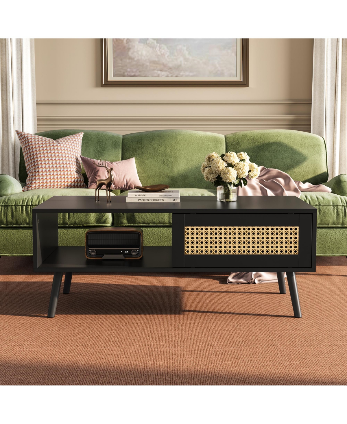 homfan Rattan Coffee Table with Storage, Farmhouse Boho Center Sofa Sliding Door and Open Shelf for Living Room, Bedroom