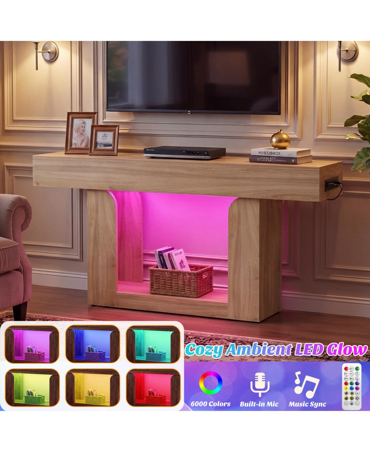 Aheaplus Entryway Table with Charging Station, Console Rgb Led Light, Wooden Sofa