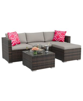 Outdoor Patio Furniture Set with Modular Wicker Sectional Washable Cushions and Glass Top Table