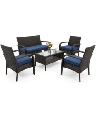 Patio Rattan Set with Glass Table Wicker and Cushions