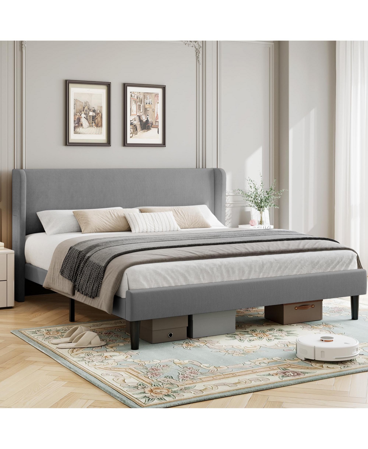 homfan Upholstered Platform Bed Frame with Wingback Headboard, 2 Storage Pockets, Wood Slat Support
