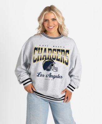 Women's Ash/Black Los Angeles Chargers Oversized Gridiron Drive Ringer Stripe Sweatshirt