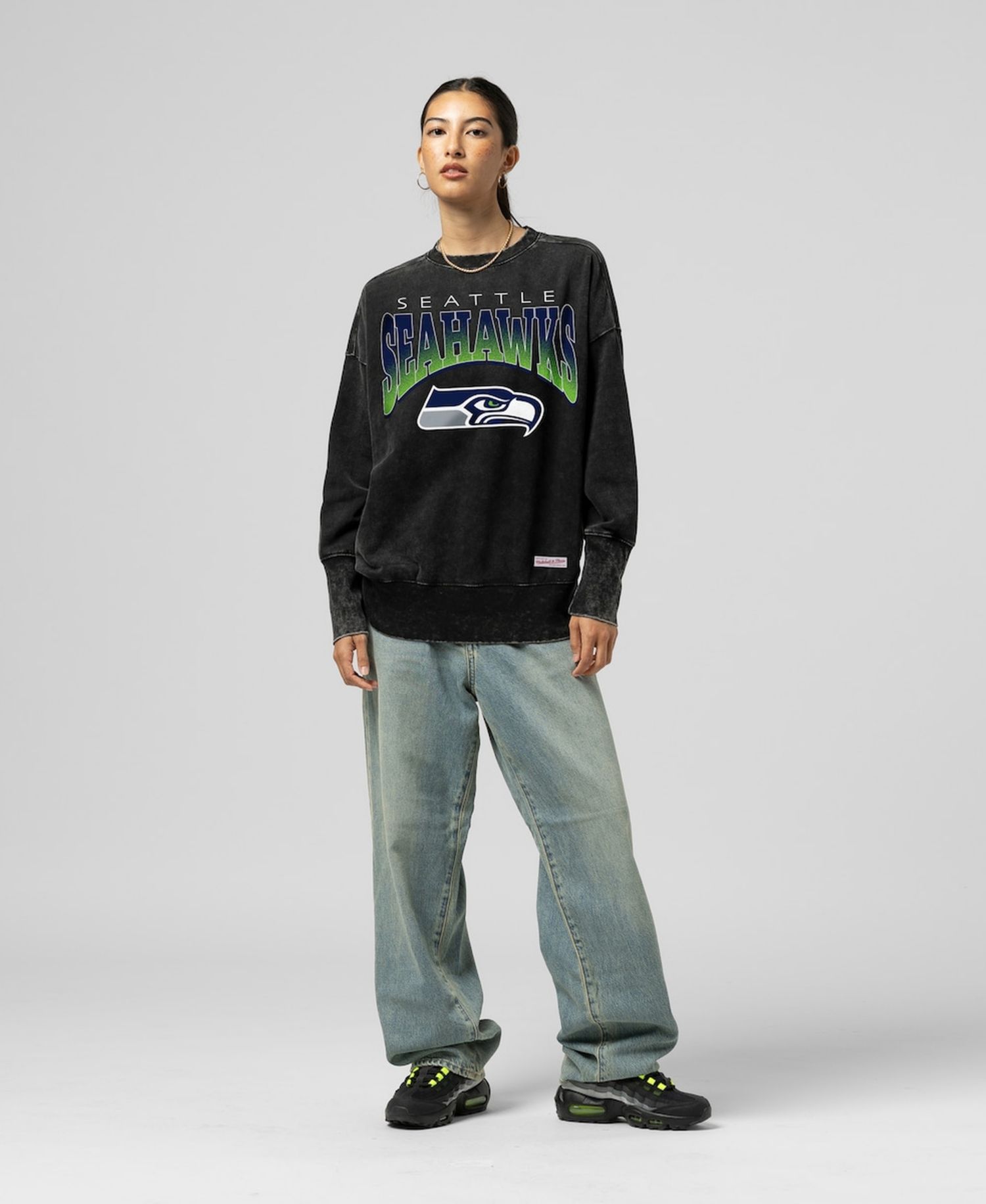 Women's Black Seattle Seahawks Delineate Mineral Wash Crewneck Sweatshirt