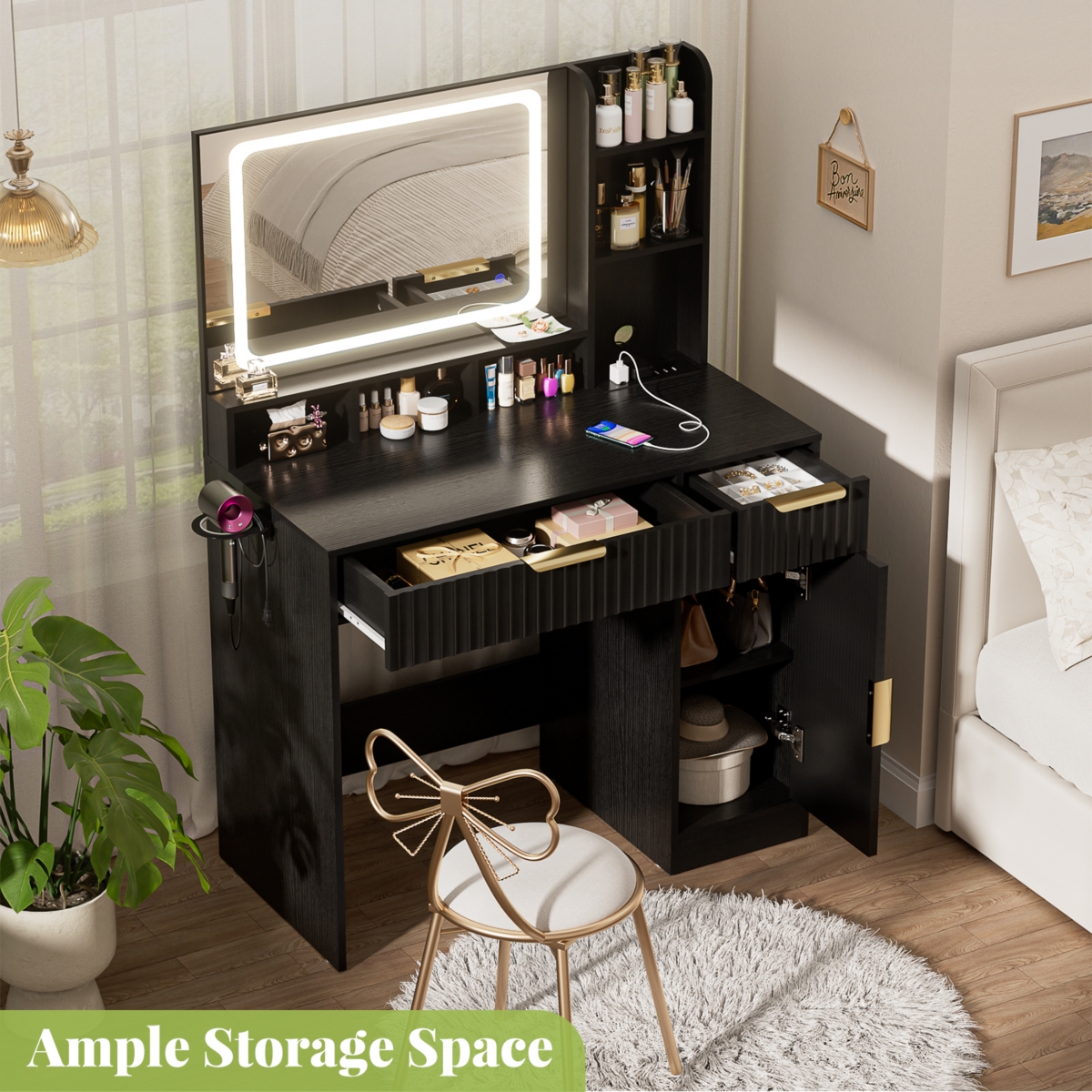 Aheaplus Vanity Desk with Mirror and 3 Color Lights, Makeup Drawers