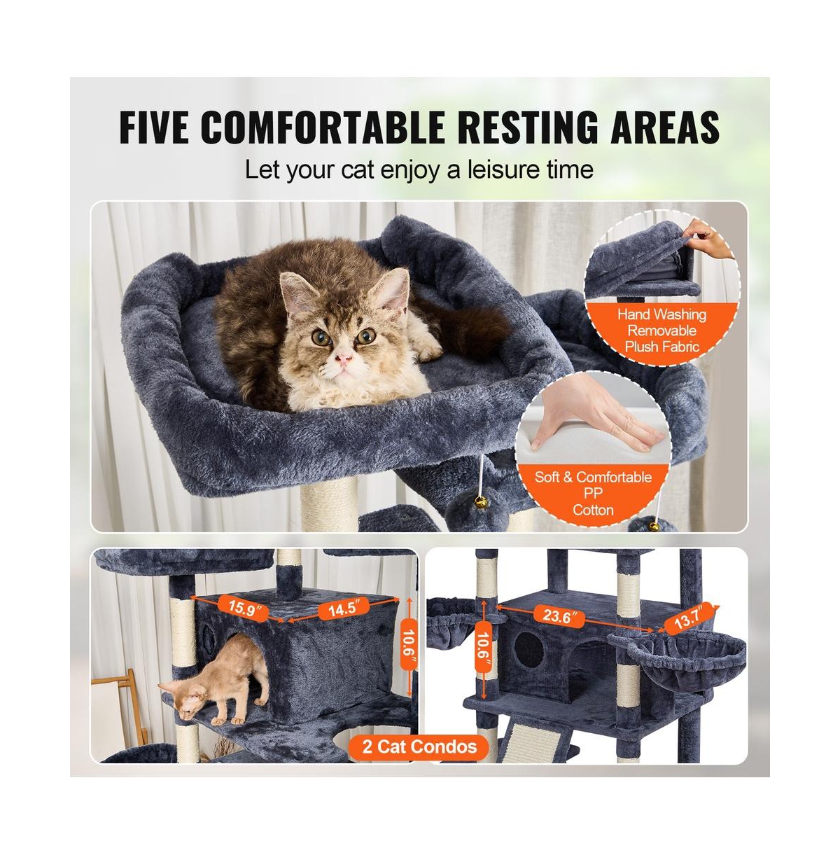Ruie 68.5 Inch Indoor Cat Tree Tower with 2 Condos Sisal Scratching Post and Hammocks