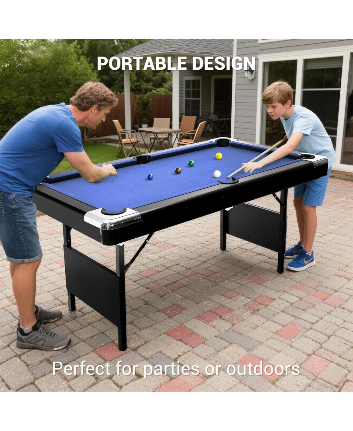 Xo Folding Pool Table, Portable Billiards Table Set with Accessories, Height Adjustable Compact Design for Home Game Room Basement