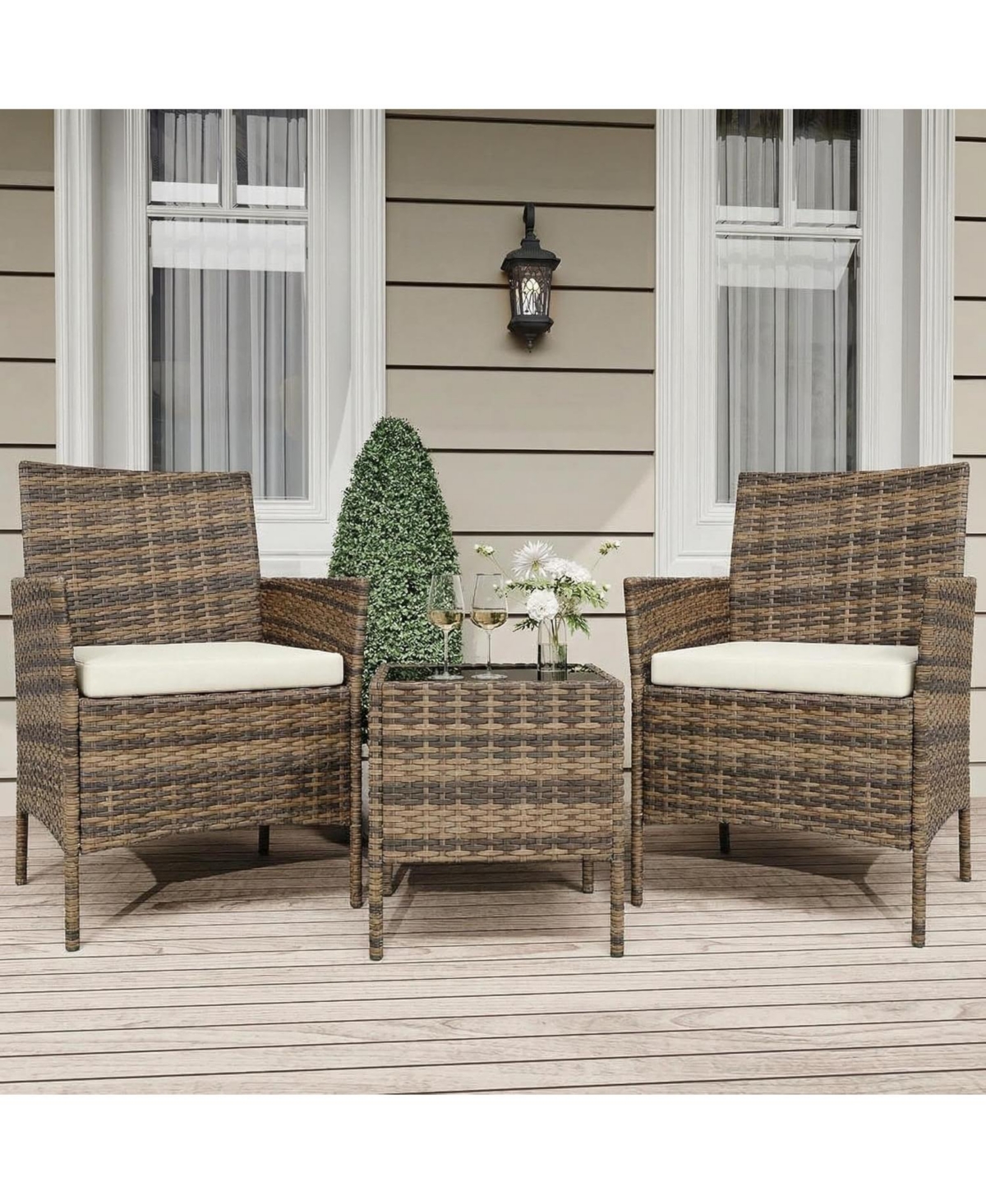 gaomon Wicker Bistro Set with Glass Table and Cushions