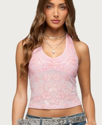 Women's Bead Sequin Sheer Mesh Halter Top