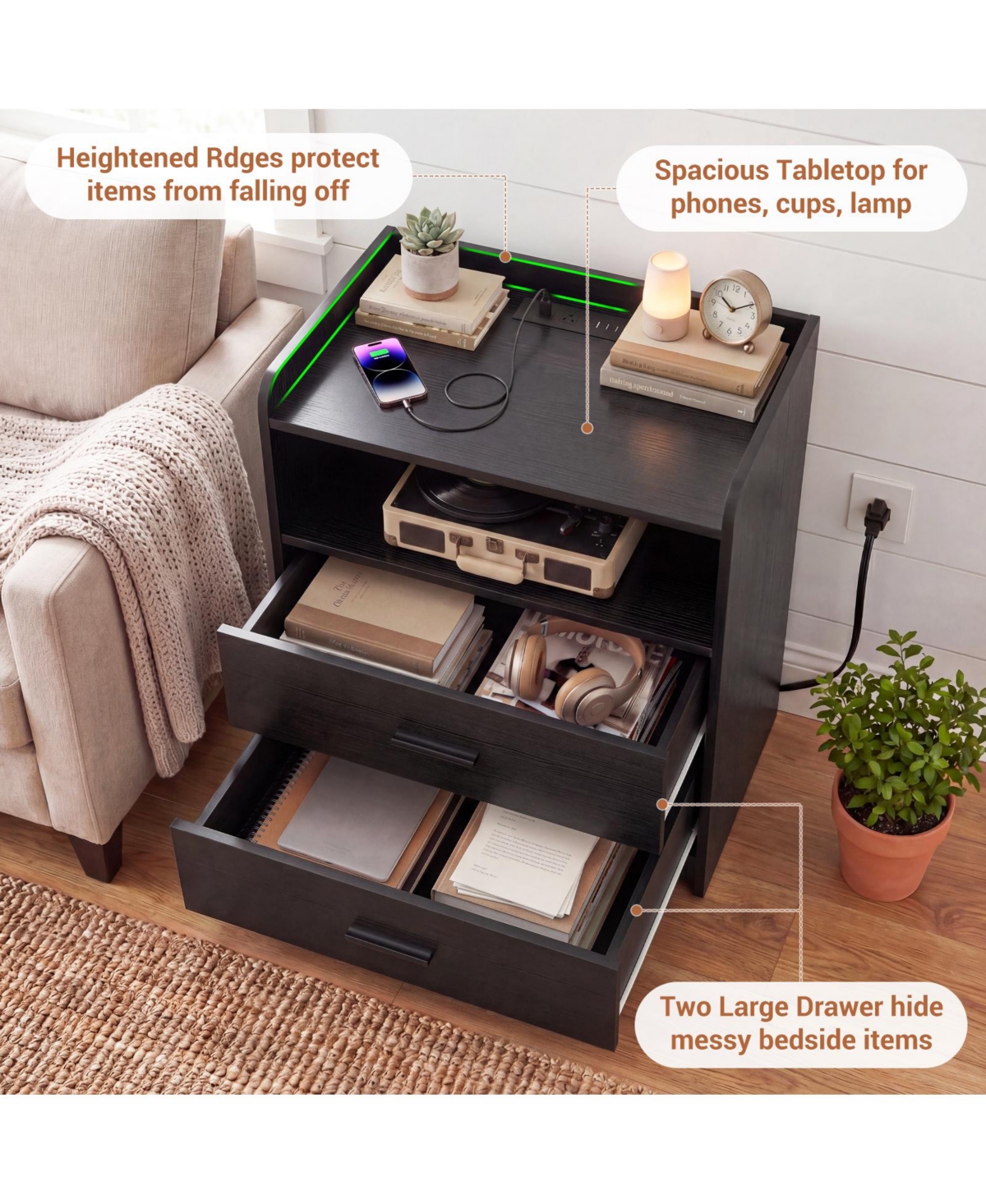 Aheaplus Nightstand with Charging Station, Sofa Side Table Drawers