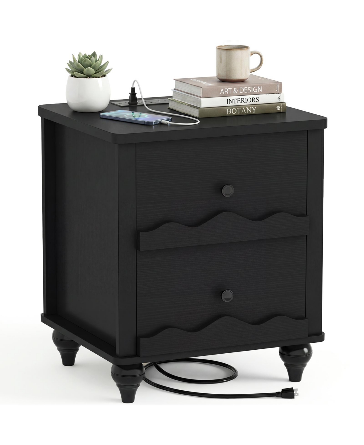 Aheaplus Wooden Nightstand with Charging Station, Storage Dresser 2 Drawers