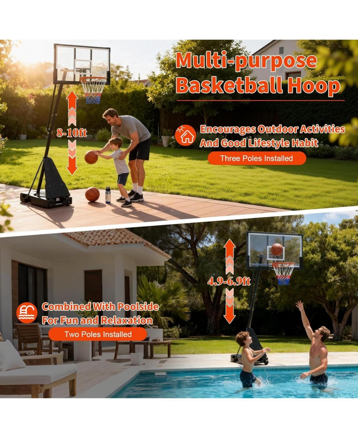 Xo 48" Portable Basketball Hoop, Height Adjustable System with Shatterproof Backboard, Mobile Wheels Base for Backyard Driveway Indoor