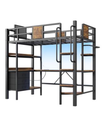 Twin Loft Bed with Desk, Stairs, RGB Lights, Charging Station, Storage