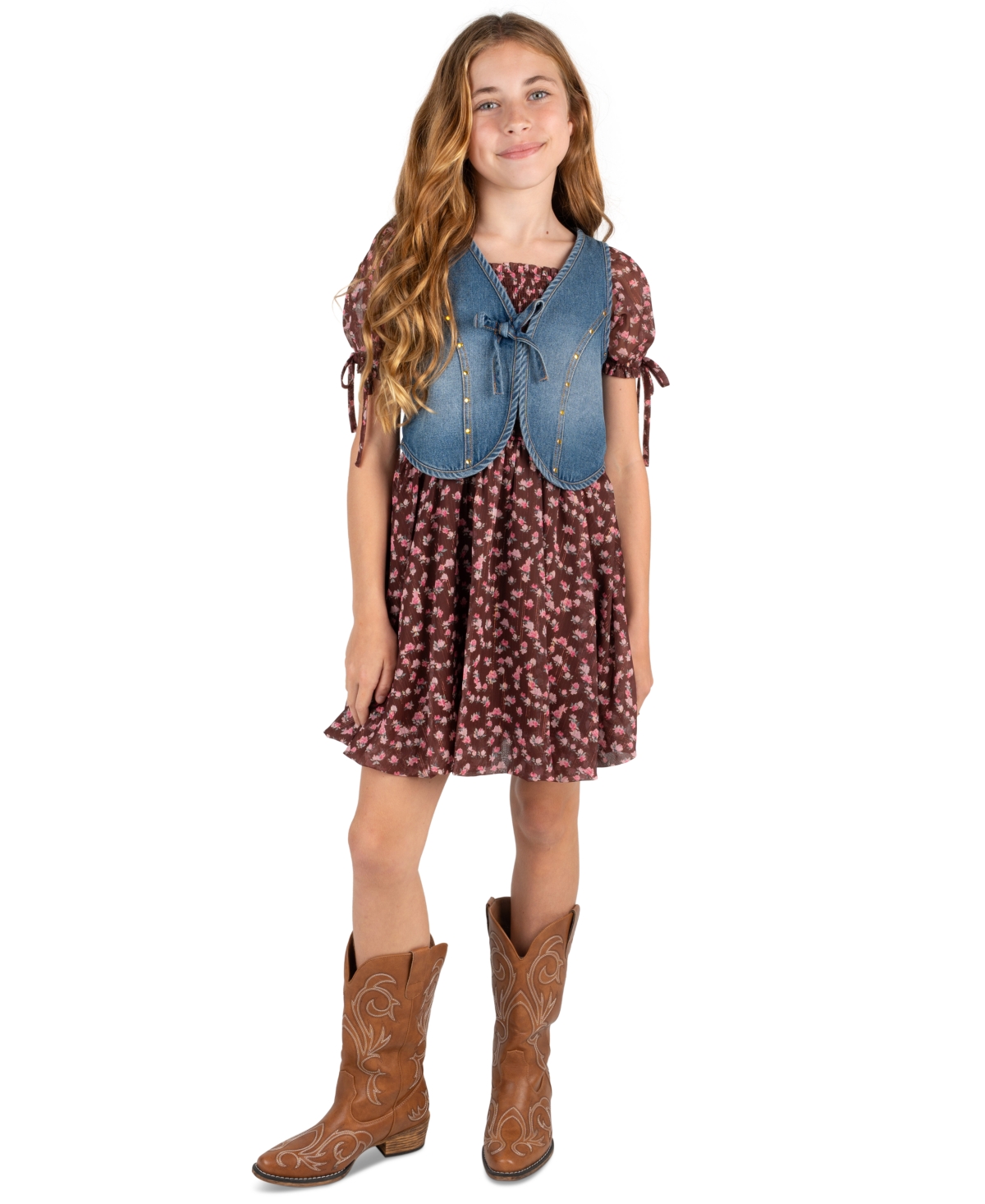 Rare Editions Girls' 7-16 Vest and Printed Puff Sleeves Smocked Dress, 2-Piece Set