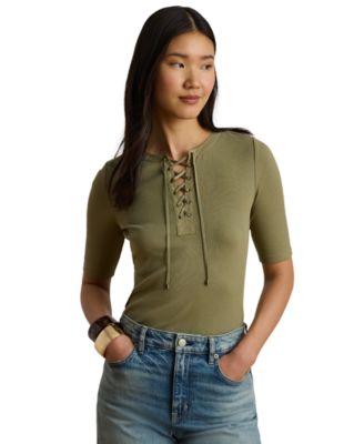 	Petite Crewneck Lace-Up Ribbed Elbow-Sleeve T-Shirt