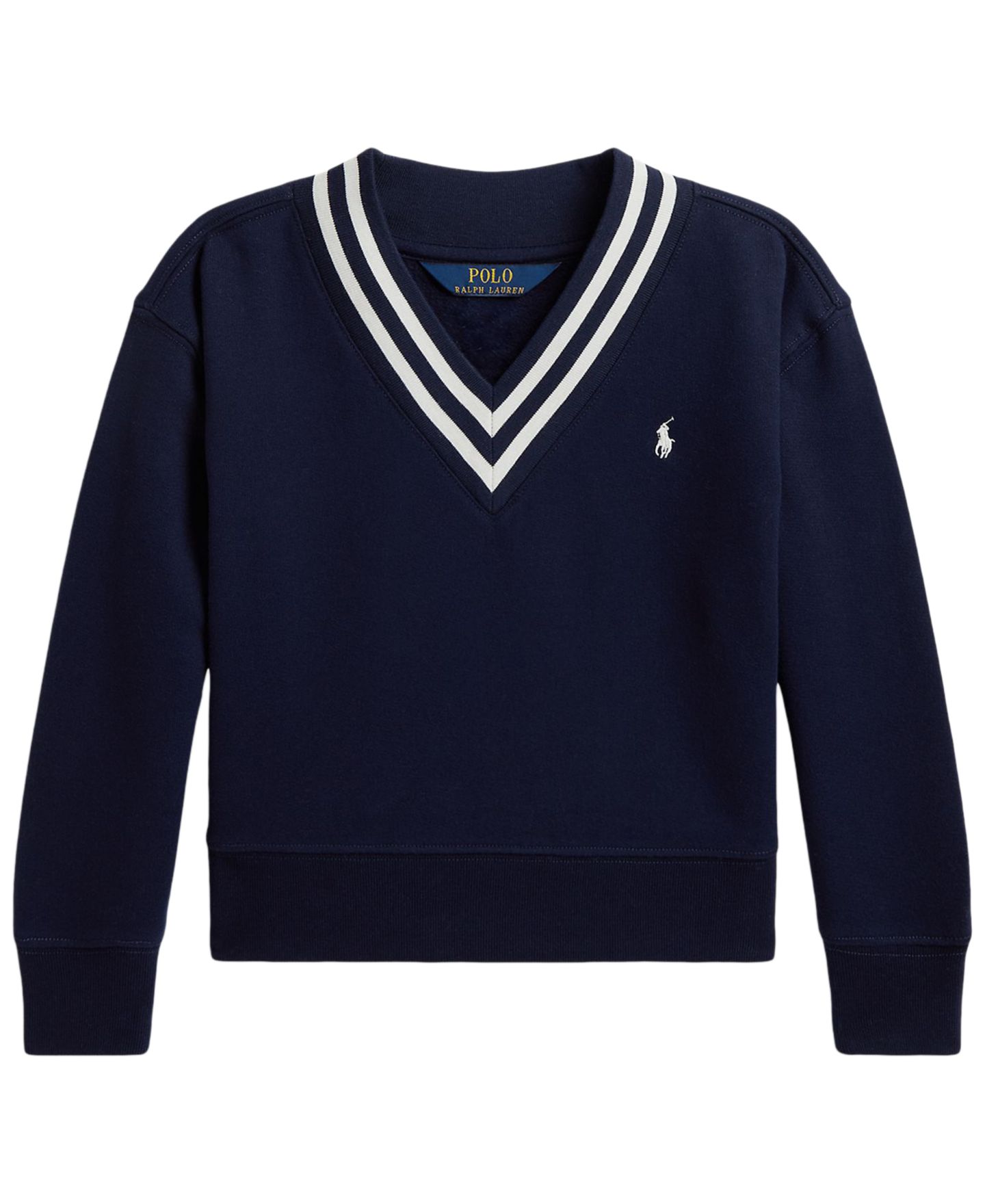 Толстовка Polo Ralph Lauren Striped Fleece V-Neck Sweatshirt для девочек, цвет: Тёмно-синий — фото 1
