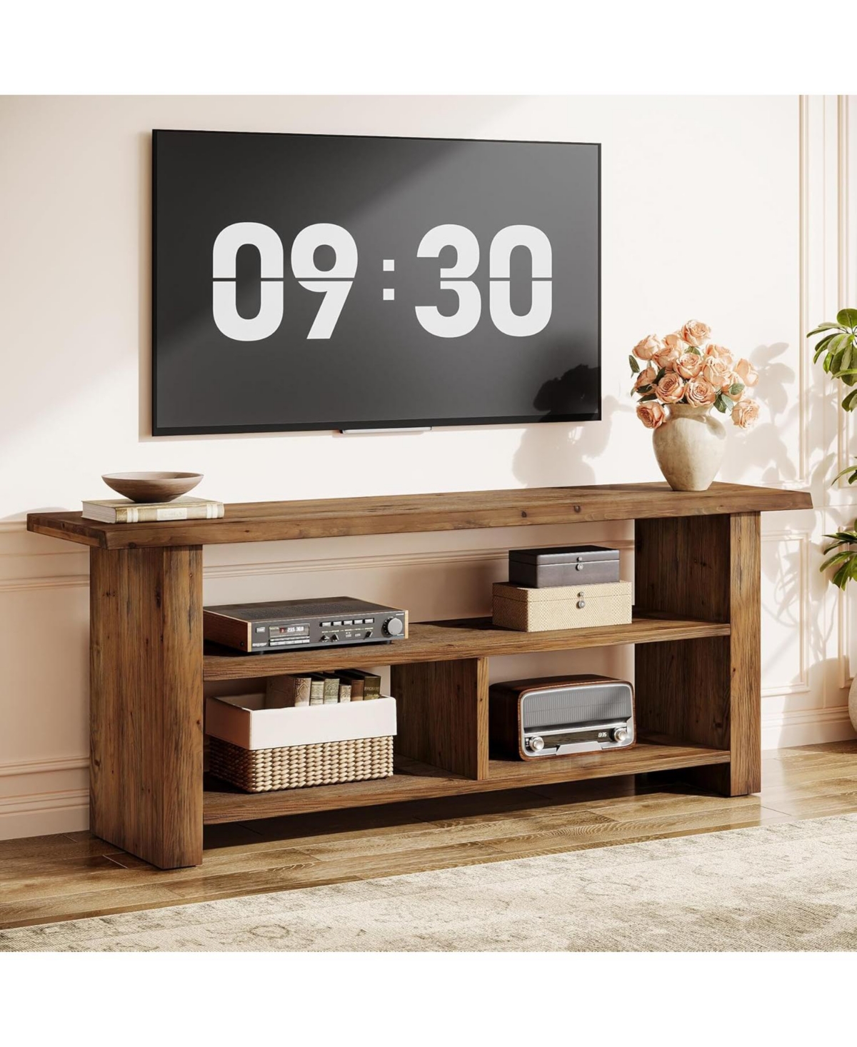 Tribesigns 63" Solid Wood Tv Stand for TVs up to 75 Inch, 3-Tier Farmhouse Wooden Entertainment Center, Low Media Console Television Stands - Brown