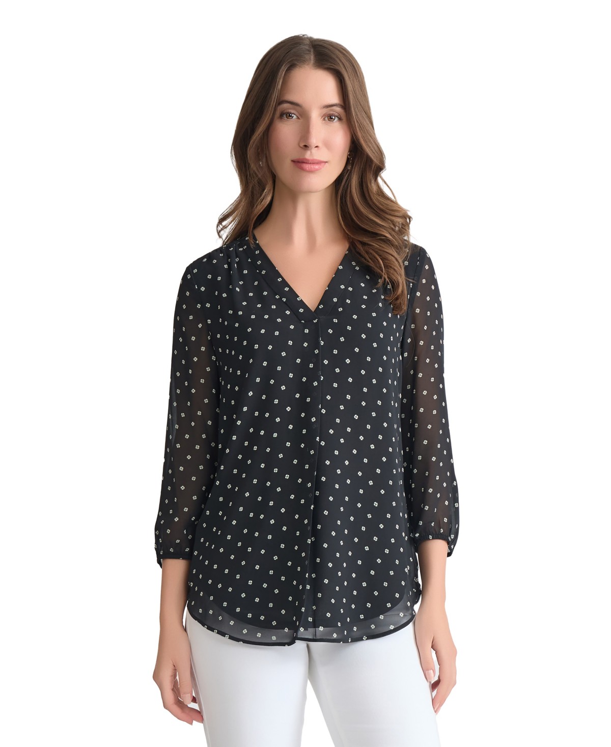 Женские топы Jones New York Women's V-Neck Pleat Front 3/4-Sleeve Tunic — фото 1