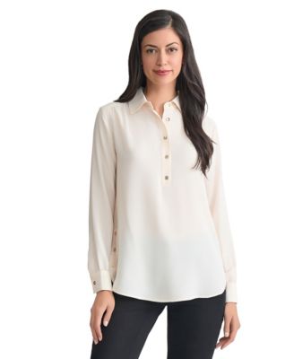 Long Sleeve Shirttail Side Button Popover Tunic