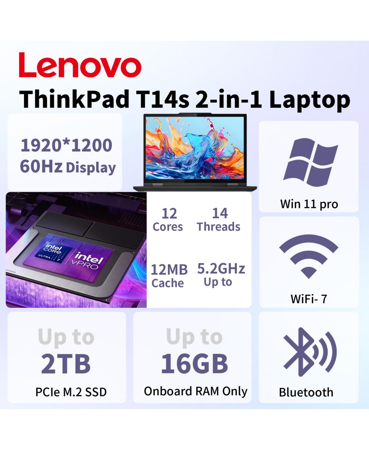 Lenovo ThinkPad T14s 2-in-1 Laptop Intel Core Ultra 7 16GB Ram Intel Graphics 512GB Ssd Storage Windows 11 Pro 60Hz
