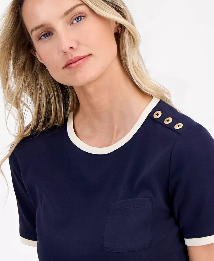 Women's Cotton Button-Shoulder Ringer T-Shirt - thumbnail 5
