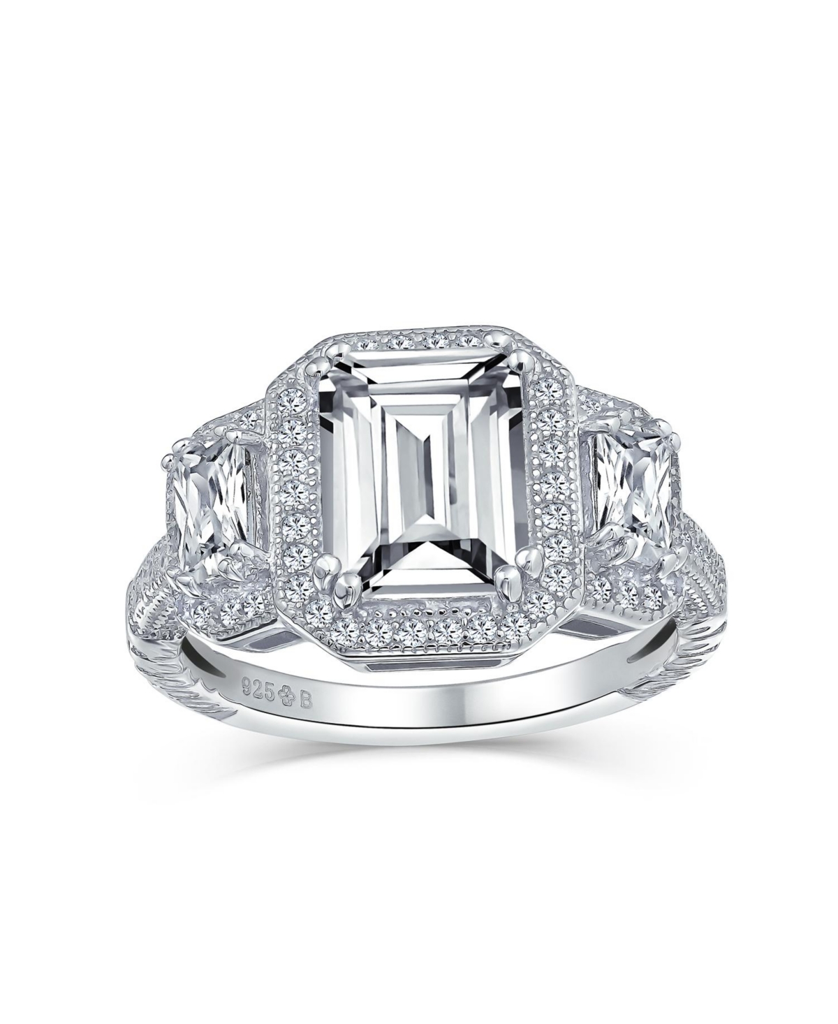 Bling Jewelry Art Deco Style Statement Engagement Ring 3CT Cz Cubic Zirconia Emerald Cut Baguette Sterling Silver