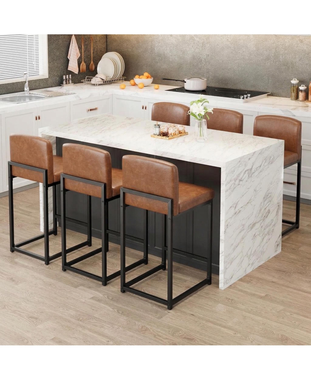 homfan 4/6 Bar Stools, modern counter-height chairs with back, footrest, and faux leather-ideal for kitchen islands bars