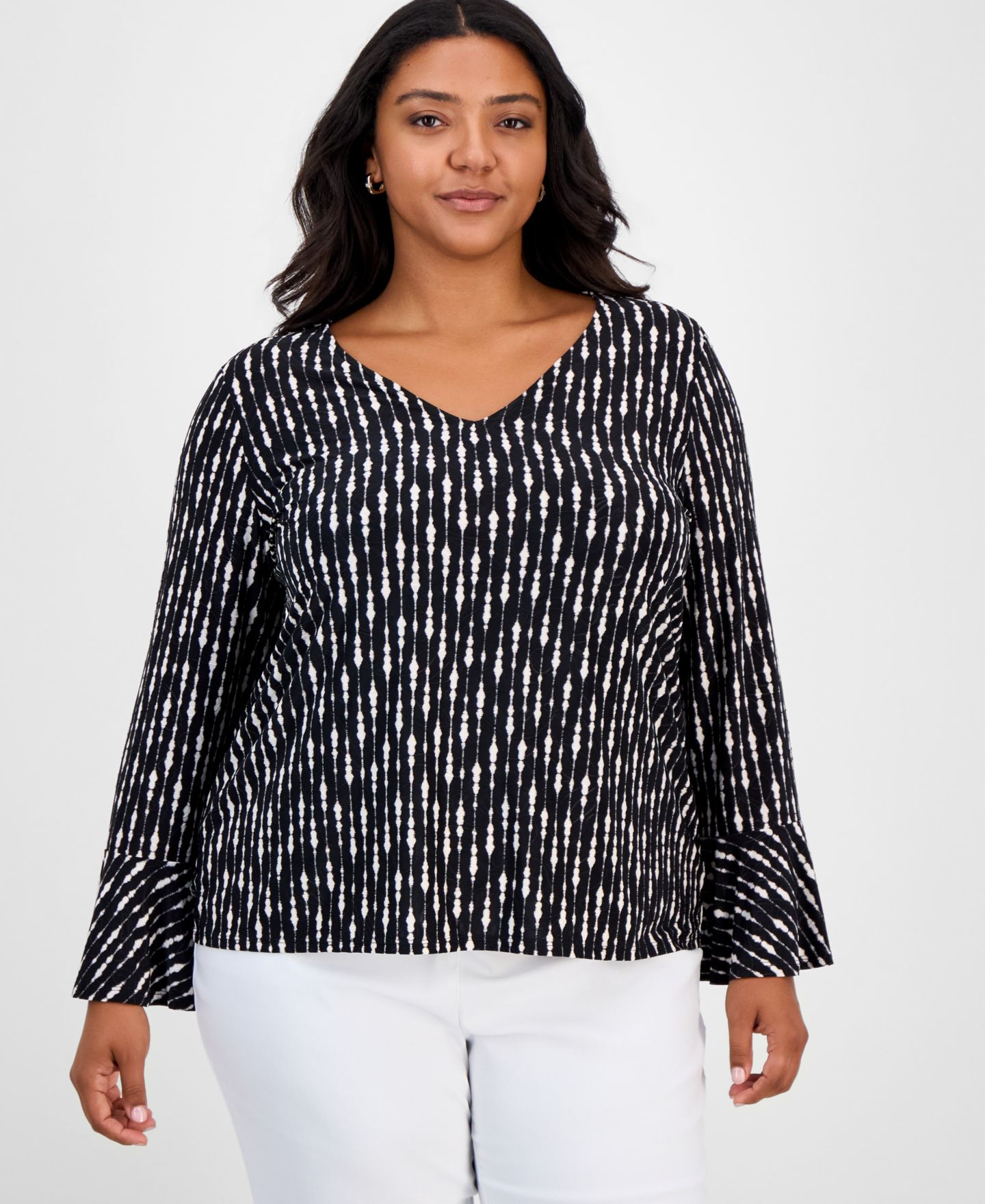Женский топ JM Collection Plus Size Texture Stripe 3/4-Sleeve Flounce, цвет: Глубокий чёрный — фото 1
