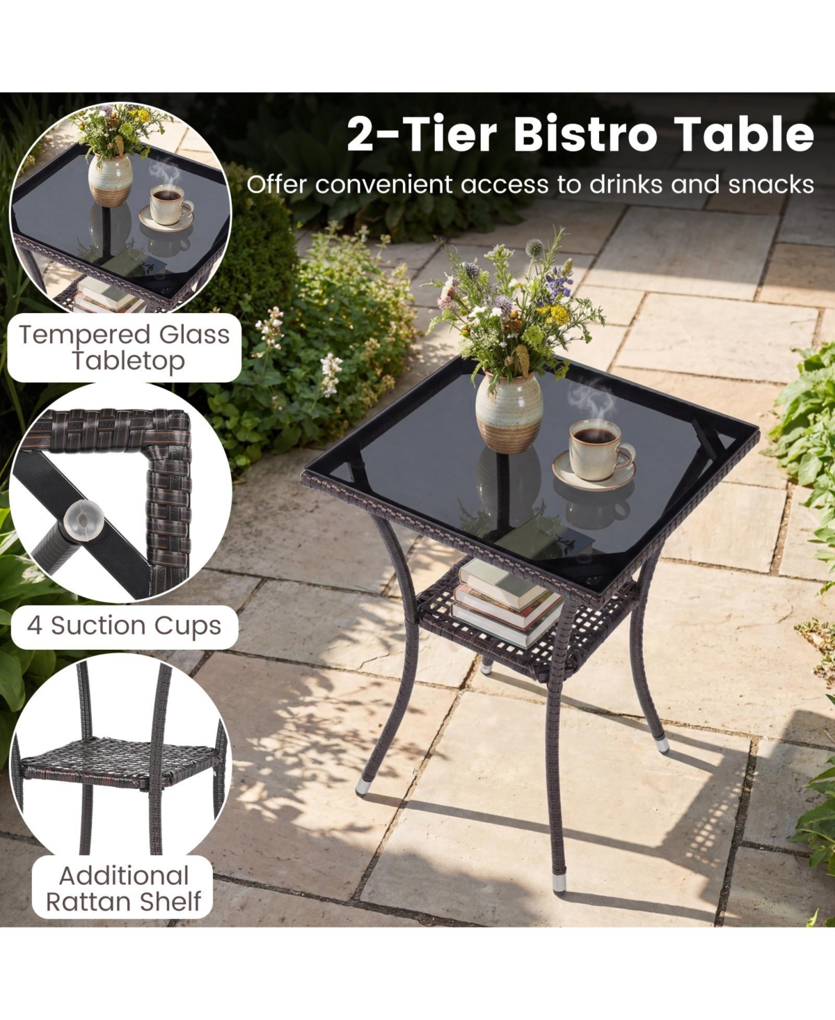 3 Pcs Patio Furniture Set witn Cushioned Chairs & Tempered Glass Coffee Table