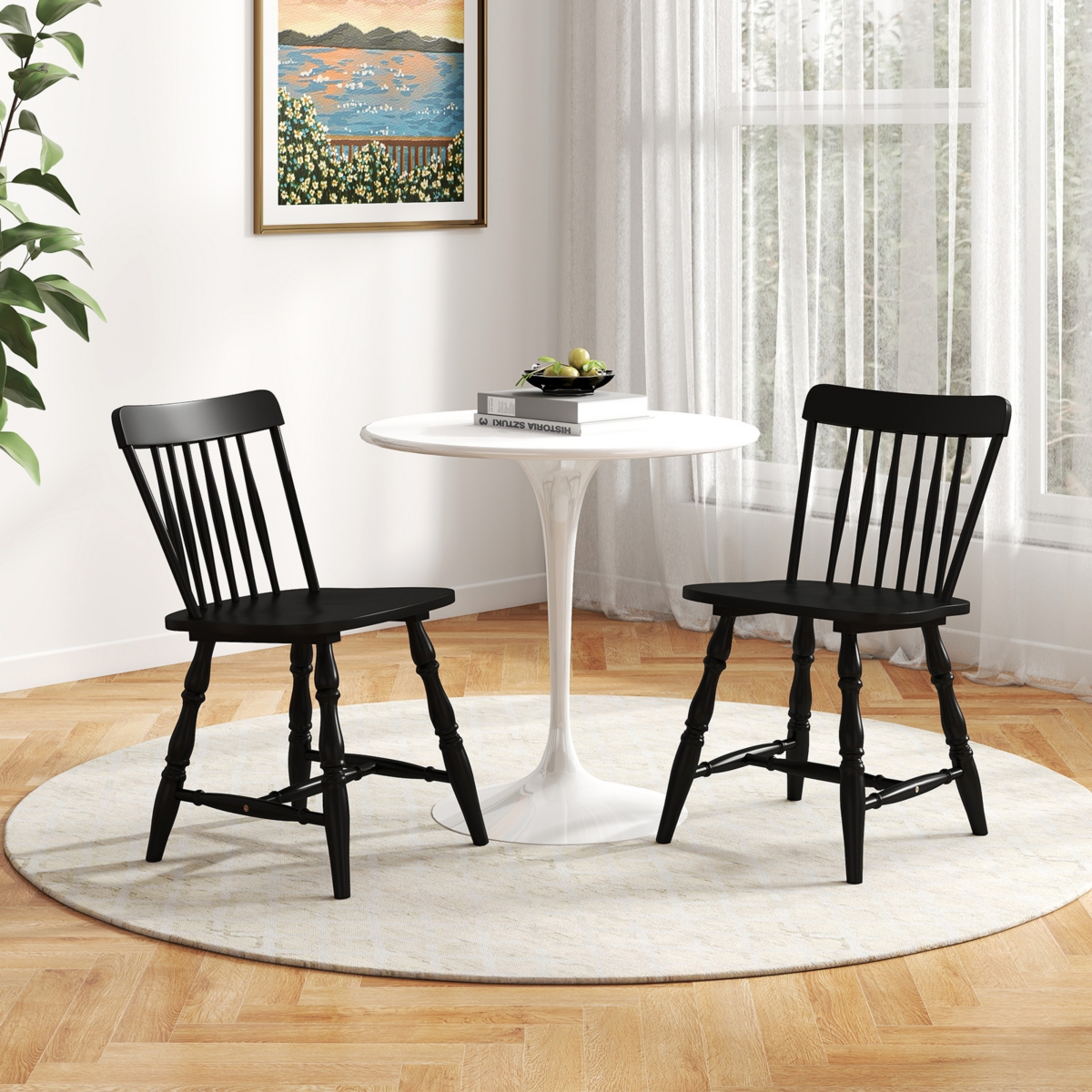 Costway Windsor Dining Chairs with Turned Legs Curved Spindle Back for Living Room