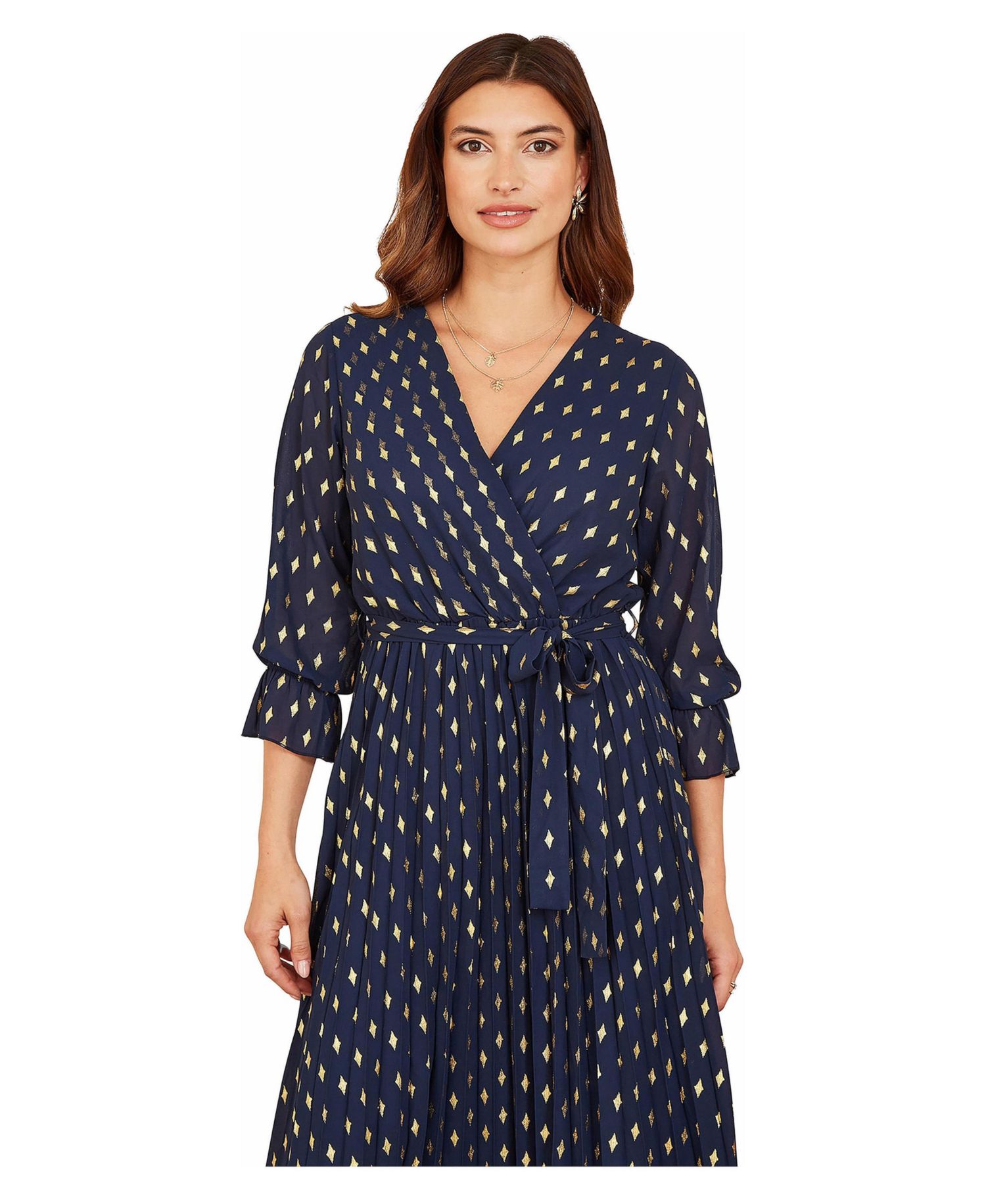 Women's Foil Printed Pleated Wrap Midi Dress