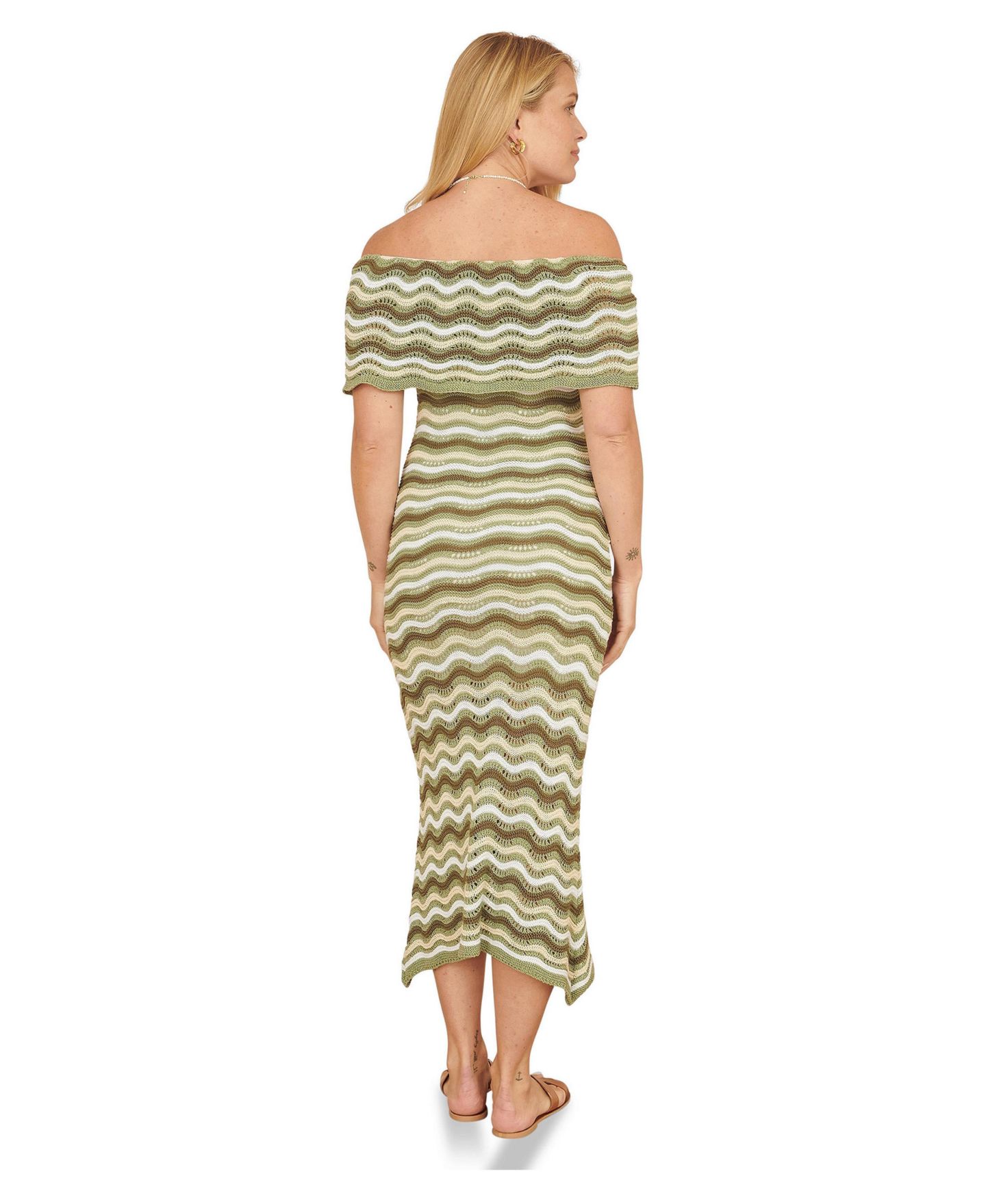 Женское платье Yumi Stripe Crochet Knit Bardot Midi, цвет: Зелёный — фото 3
