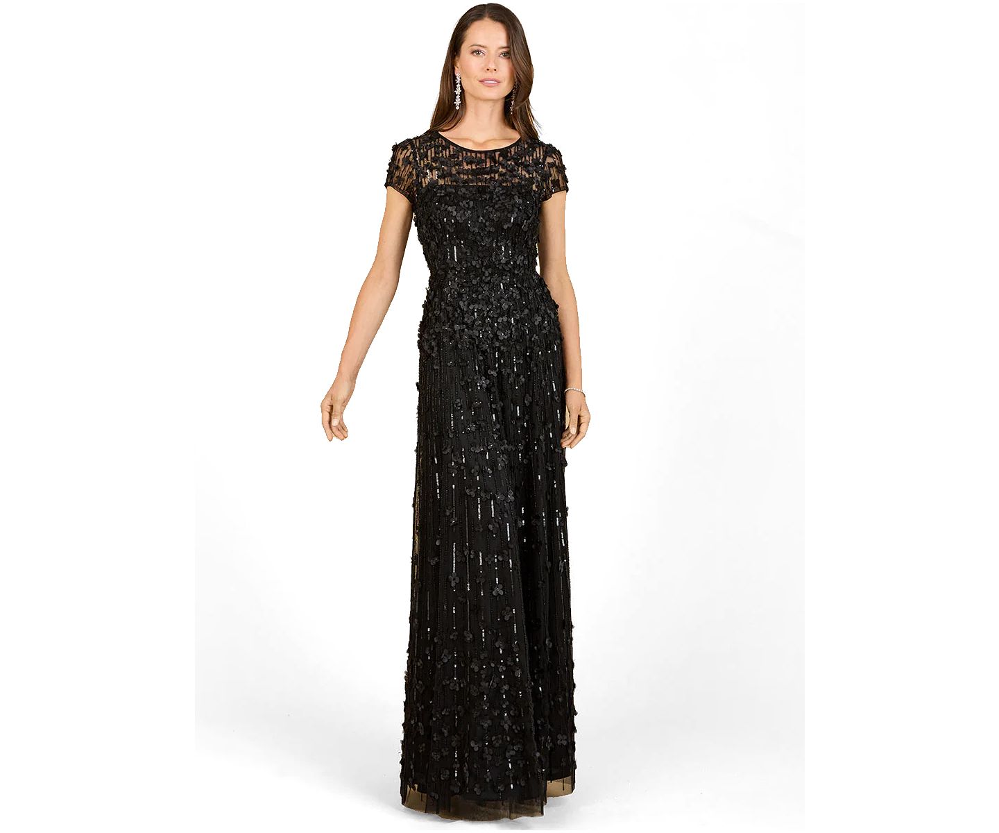 Женская кепка Lara 3D Floral Embellished Cap Sleeve Gown, цвет: Чёрный — фото 1