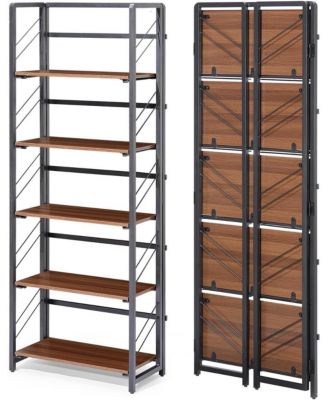 5-Tier Folding Office Bookshelf – Industrial Collapsible Bookcase, Space-Saving Storage Rack, Metal Frame and Brown Wood Shelves