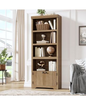 5 Tier Farmhouse Bookshelf 69 Inch Tall with 2 Doors and Adjustable Shelves Anti-Slip Storage Rack for Home Office Living Room Library