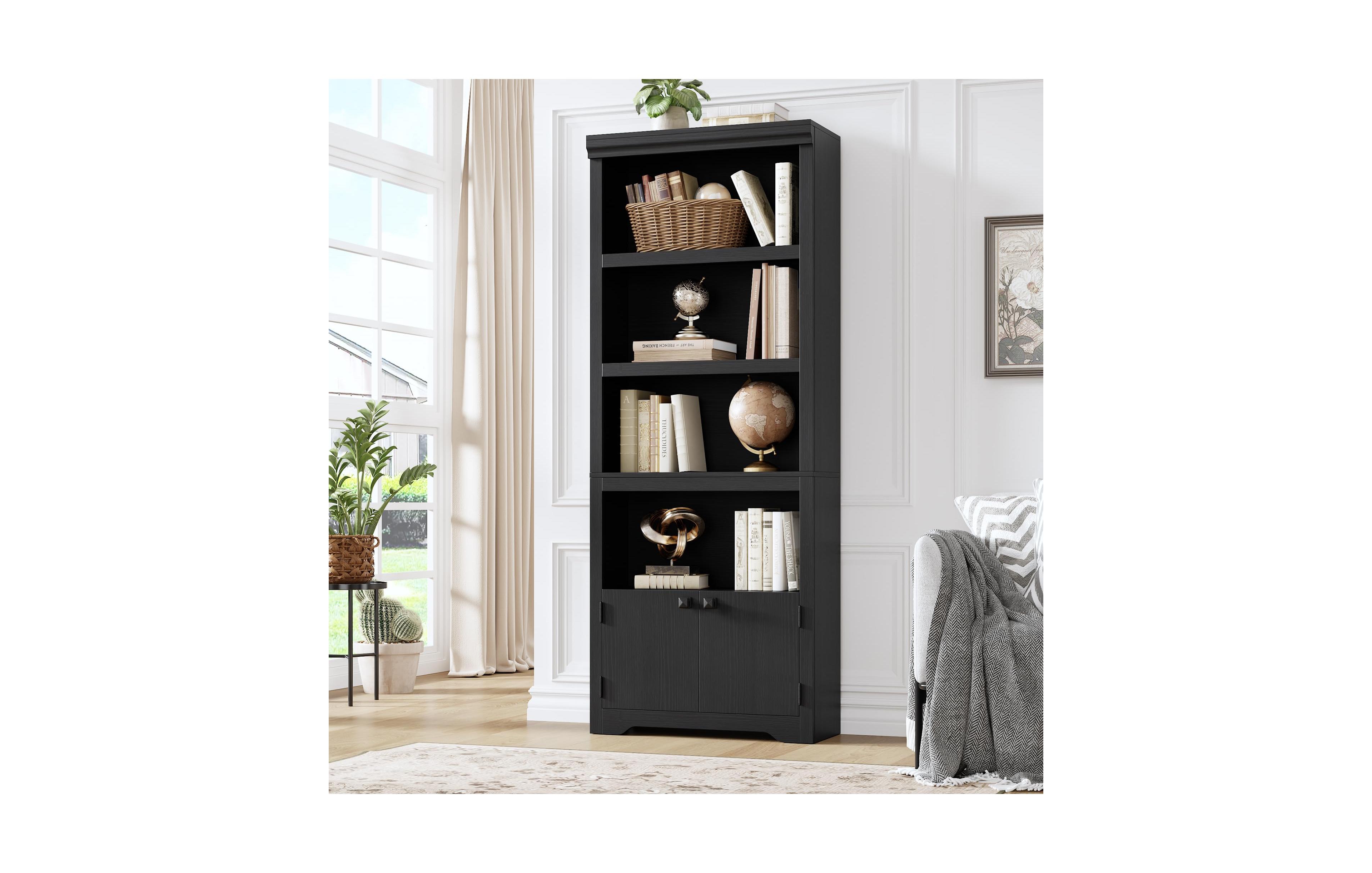 gaomon 5 Tier Farmhouse Bookshelf 69 Inch Tall with 2 Doors and Adjustable Shelves Anti-Slip Storage Rack for Home Office Living Room Library