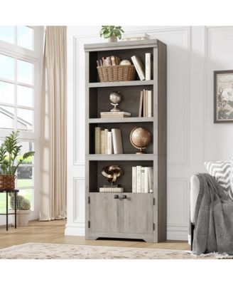 5 Tier Farmhouse Bookshelf 69 Inch Tall with 2 Doors and Adjustable Shelves Anti-Slip Storage Rack for Home Office Living Room Library