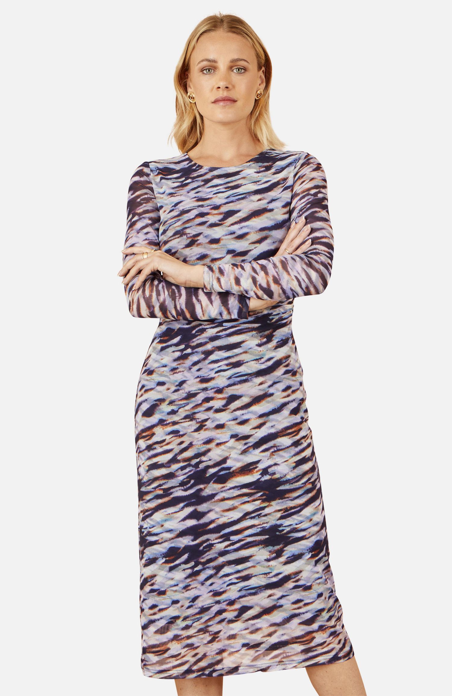 Women's Abstract Stripe Ruched Midi Dress