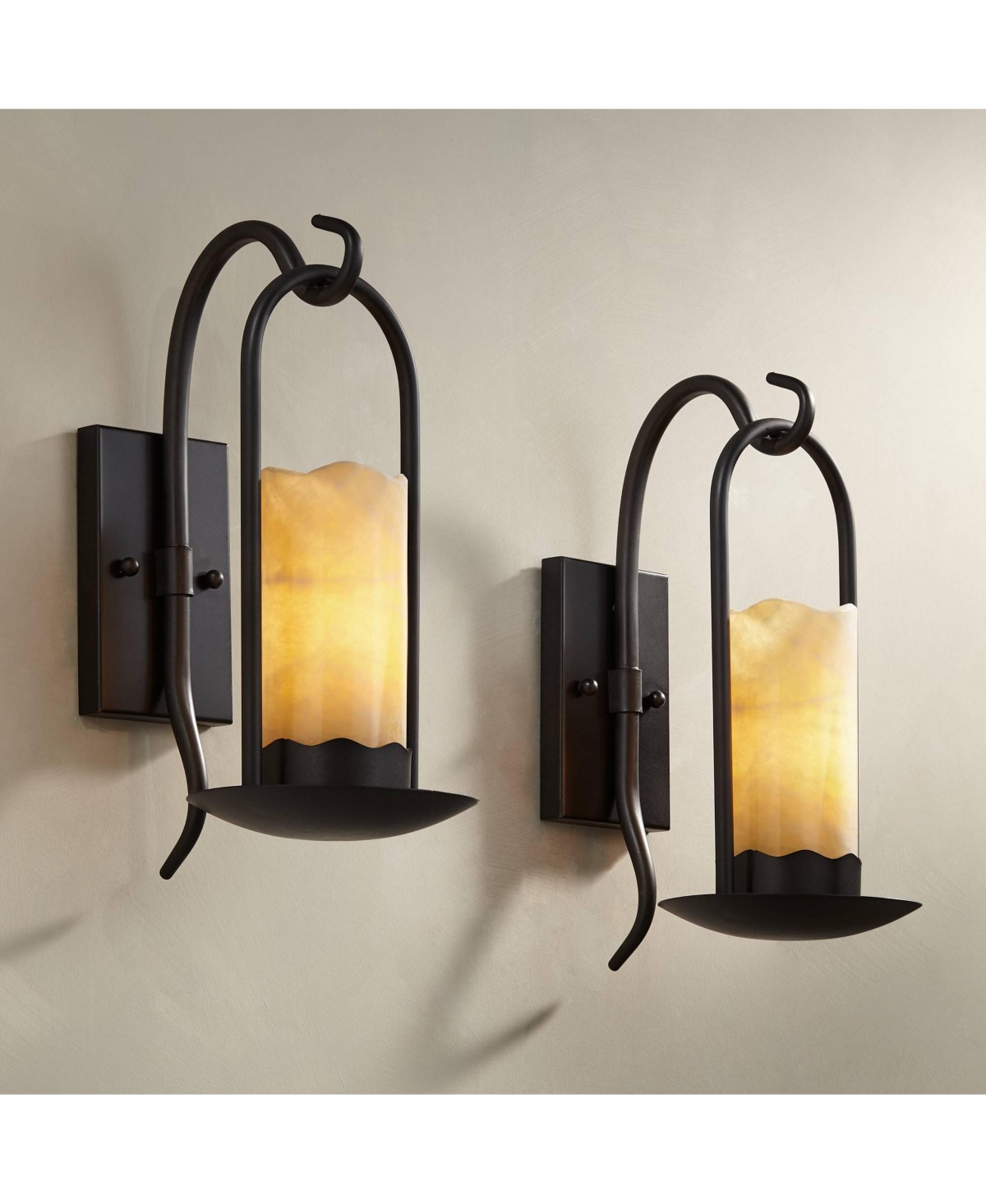 Franklin Iron Works Rustic Wall Light Sconces Set of 2 Hardwire 6 1/2" Fixture Faux Candle for Bedroom Bedside Living Room Hallway