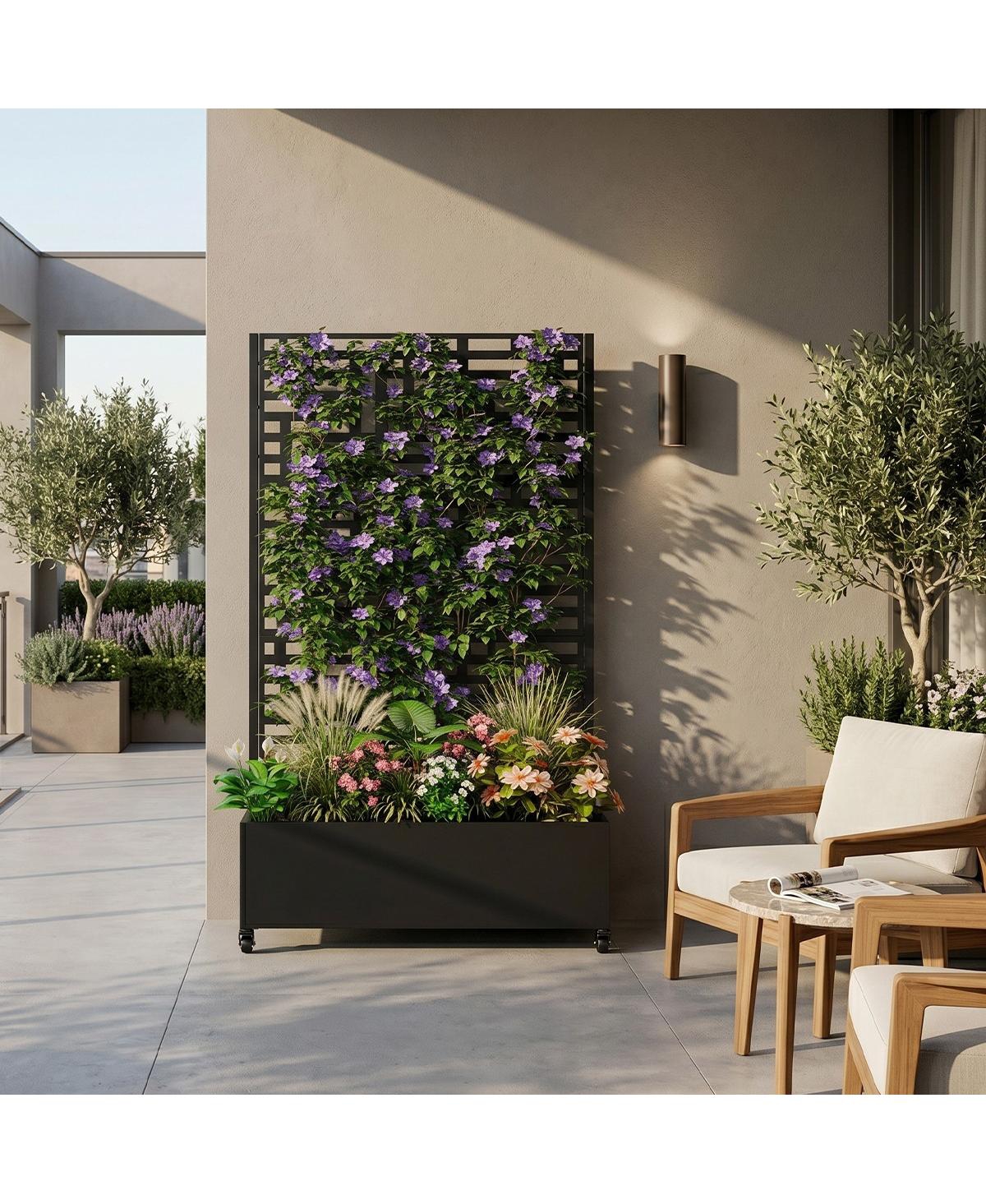 Asagikoiai Outdoor Metal Planter Box with Trellis, Raised Garden Bed with Wheels and Privacy Screen