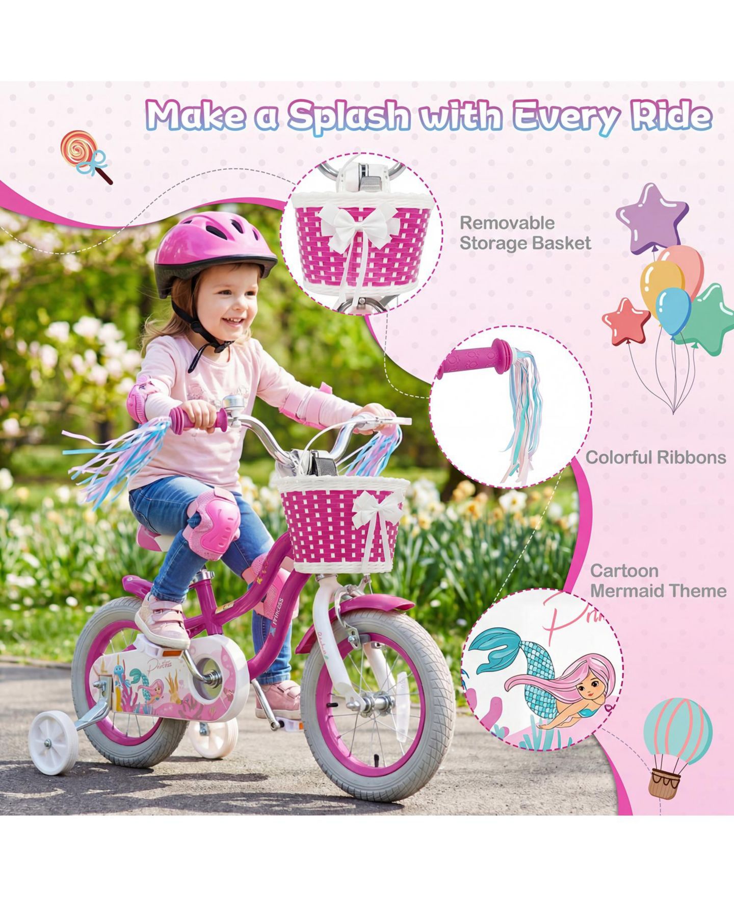 Детская игрушка Gymax Mermaid 12" Metal Kids Bike with Adjustable Seat and Removable Training Wheels, 110 lbs Capacity, Ages 3-4, цвет: Розовый — фото 7