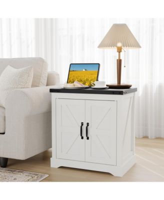 Farmhouse End Table with Charging Station, Barn Door Nightstand with Adjustable Shelf for Bedroom, Living Room, or Office