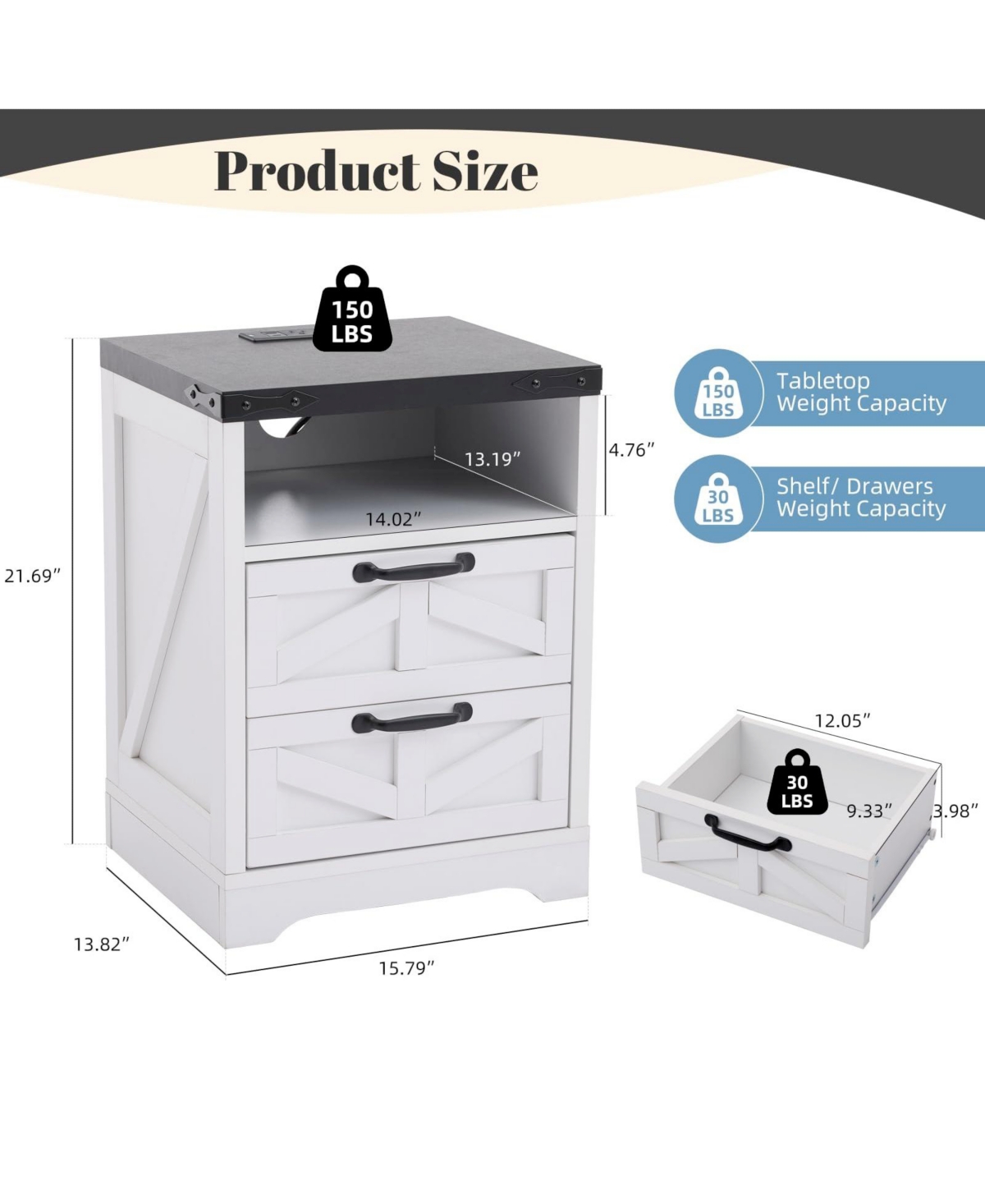 homfan Farmhouse Nightstand Set of 2 with Charging Station, 2 Drawers and Open Shelf, Bedside Tables for Bedroom, Living Room, or Entryway