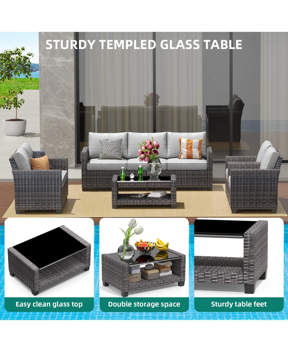 homfan Outdoor Patio Furniture Set with Storage Coffee Table, Cushions Pe Rattan Conversation Seating
