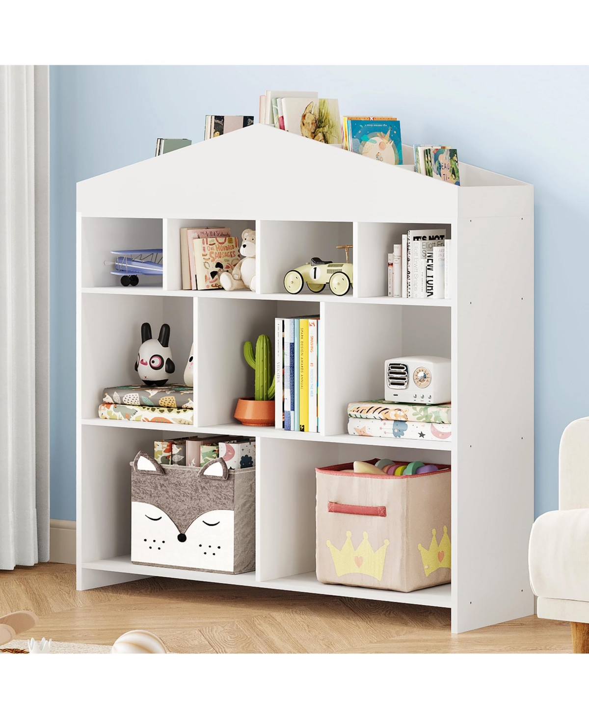 homfan Kids Bookshelf and Toy Organizer - 4-Tier 15-Cube Wooden Multifunctional Bookcase with 9-Cubby Toy Shelf, for Playroom, Nursery, Study Room