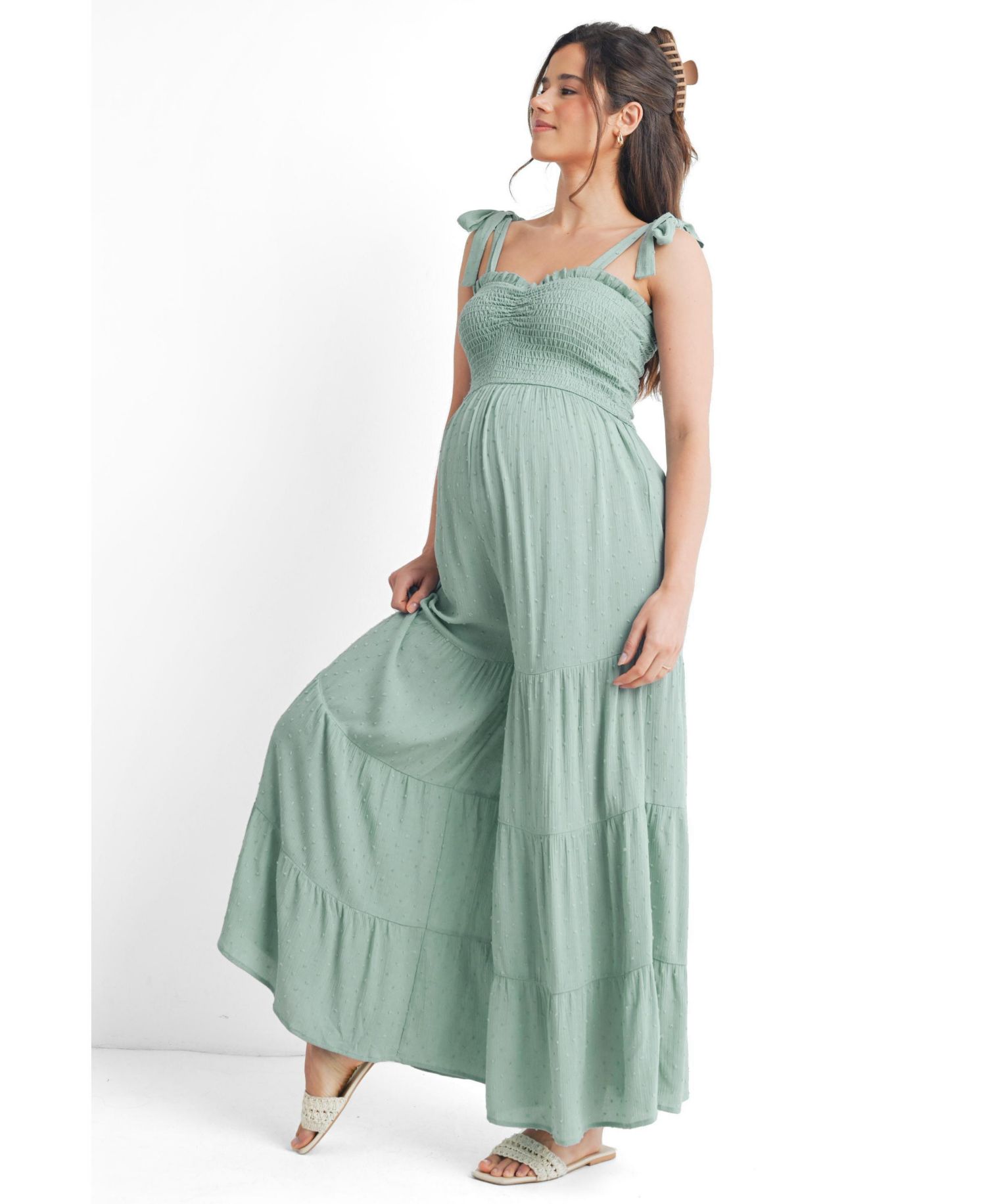 Maternity Sleeveless Smocked Wide Leg Jumpsuit with Tie Straps