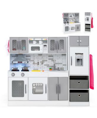 Wooden Kitchen Playset with Lights Sounds Interactive Features Storage Accessories