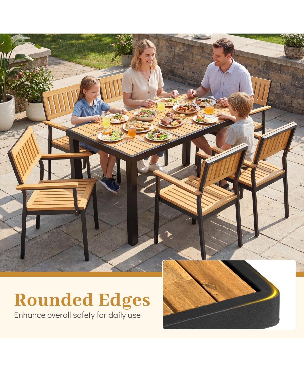 Gymax Acacia Wood Outdoor Dining Table Rectangular Patio Table w/ 1.97'' Umbrella Hole